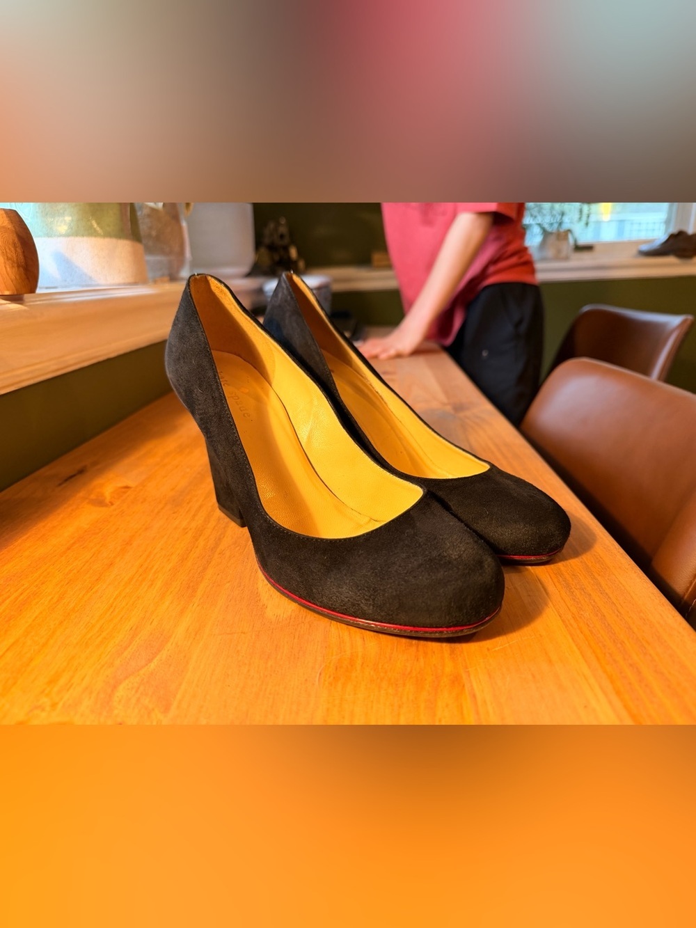kate spade Vero Ouoio Black Suede Block Heel Pumps with Red Sole Accent - Picture 1 of 6